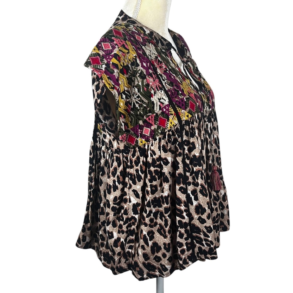 THML Women's Leopard Print Embroidered Tassel Top Size Medium - Picture 16 of 16
